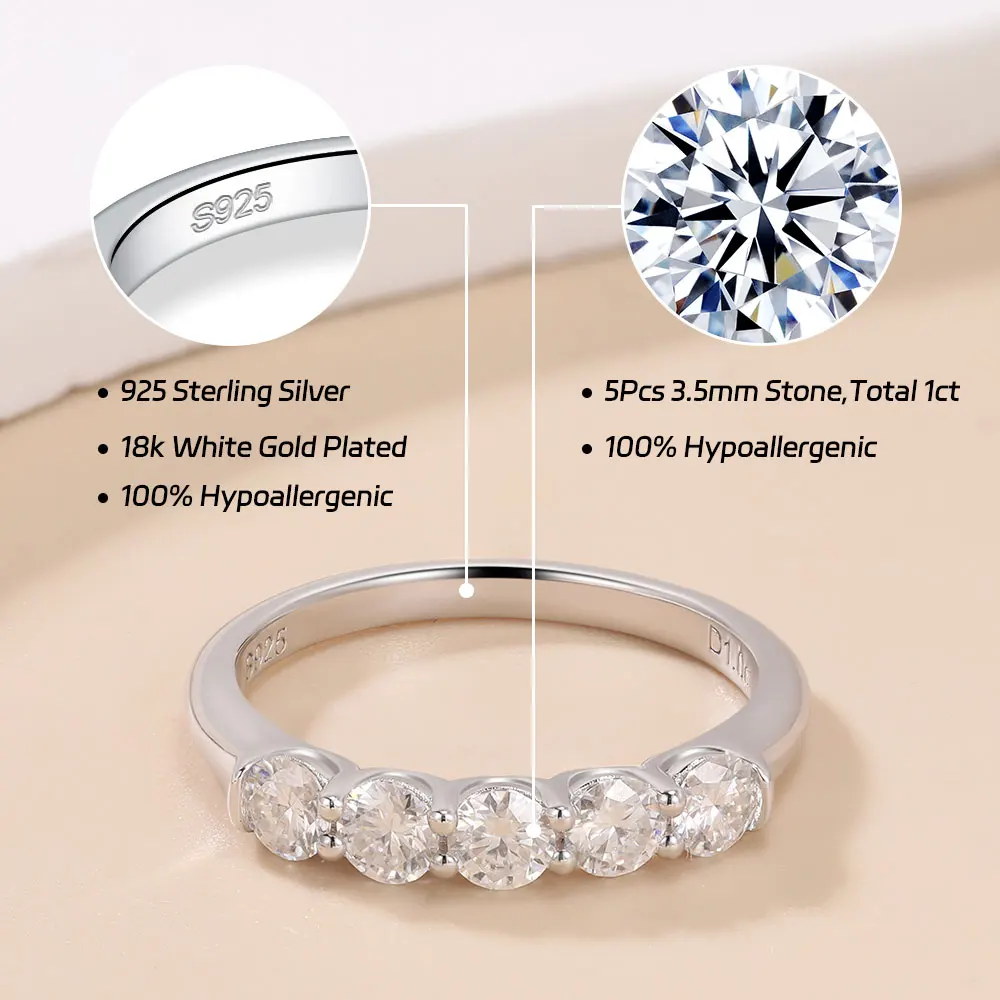 

LinkerLove Moissanite Wedding Band S925 Sterling Silver 5 Stones Diamond Ring White Gold Plated Party Fine Jewelry for Women