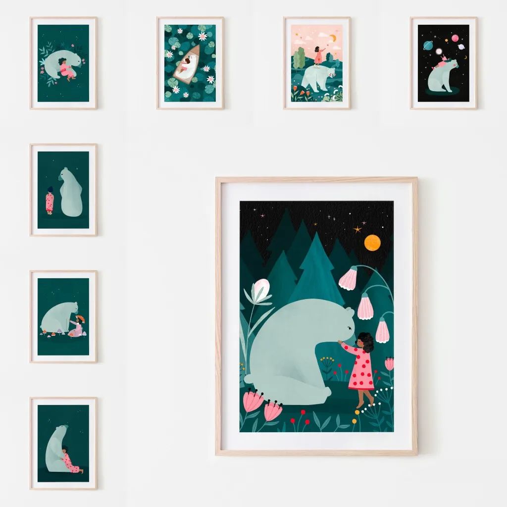 Dreamy Little Girl and the Bear Canvas  for Children's Room Decoration Nursery Art Print Fairy Tale Elements Poster
