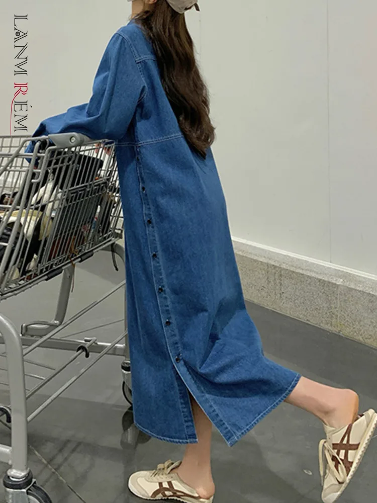 LANMREM Denim Dress For Women's Lapel Long Sleeves Solid Color Single Breasted Split Dresses 2025 Spring New Clothing 2Z2504