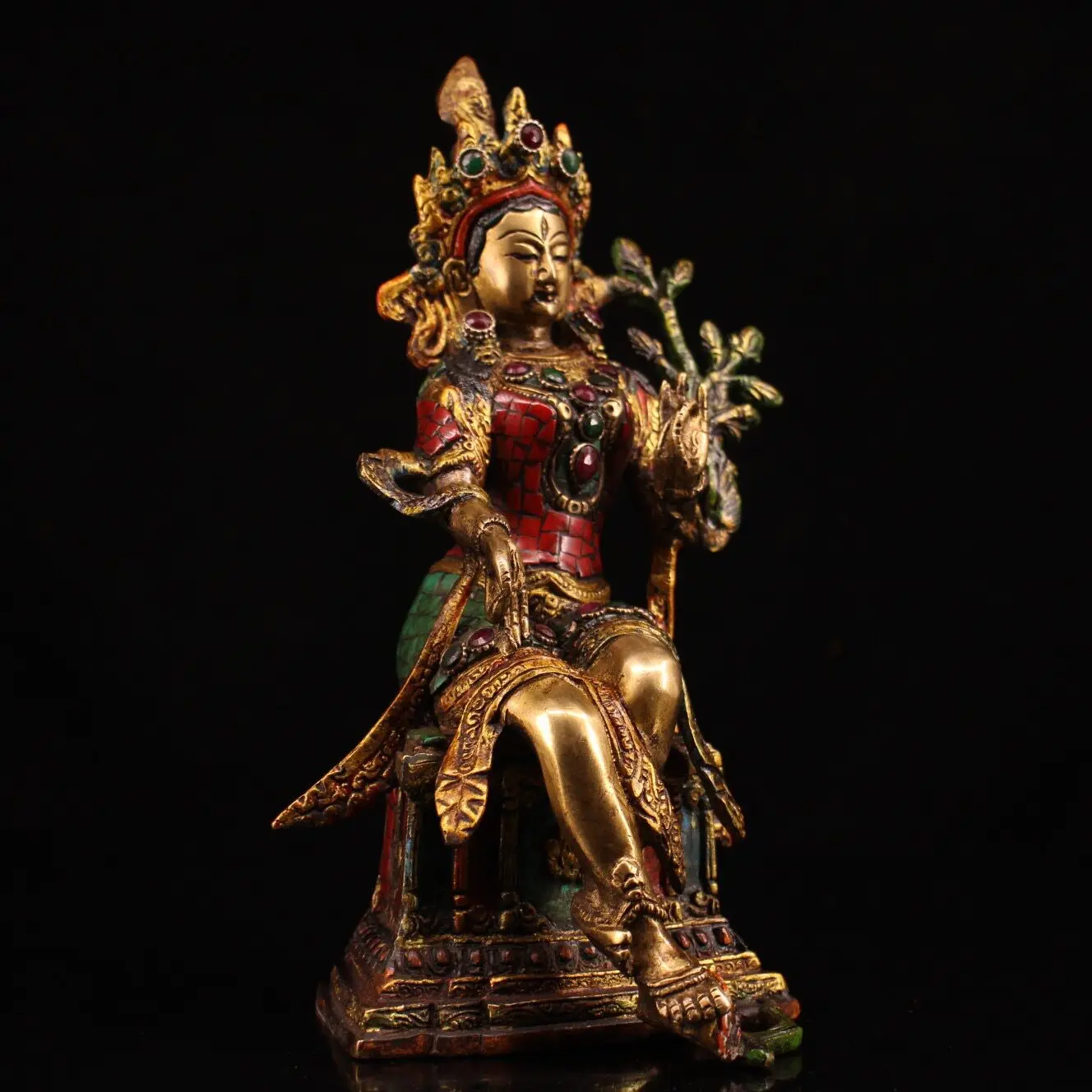 Nepal Pure Copper Seated Green Tara Statue Gem Inlaid Painted Tibetan Buddhist Home Altar