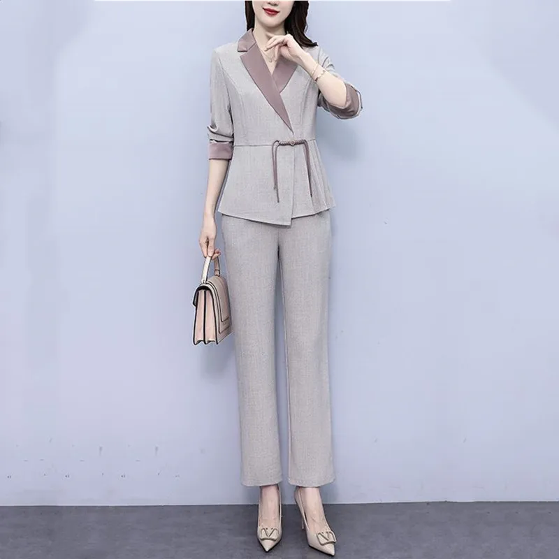 Women Fashion Spring Autumn Pants Sets 2023 New Clothes Elegant Turn Collar Office Lady Female 2 Pieces Outftis High Quality