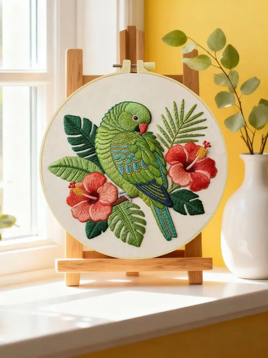 1 Stück 20x20cm/15x15cm 7,87/6,3 Zoll Papageien-Stickerei-Starter-Kit DIY-Kit DIY-Stickerei-Set für Anfänger – Detail 6