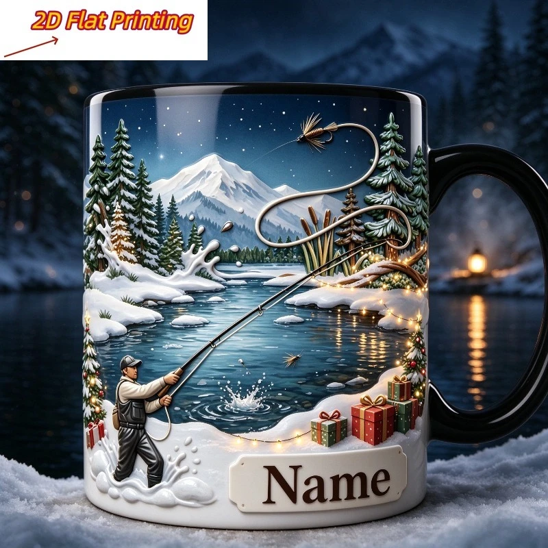 2D Flat Printing 1pc 11oz Custom Name Christmas Fishing Mug, Christmas Outdoor Gift For Fisherman, Hand Wash Only Microwave