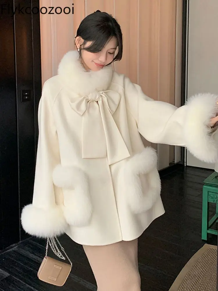 Bow 2024 Winter Fluffy Coat New Imitation Fox Fur Collar Fur Cloak Woolen Coat for Women Loose Fit Jackets Winter 2024