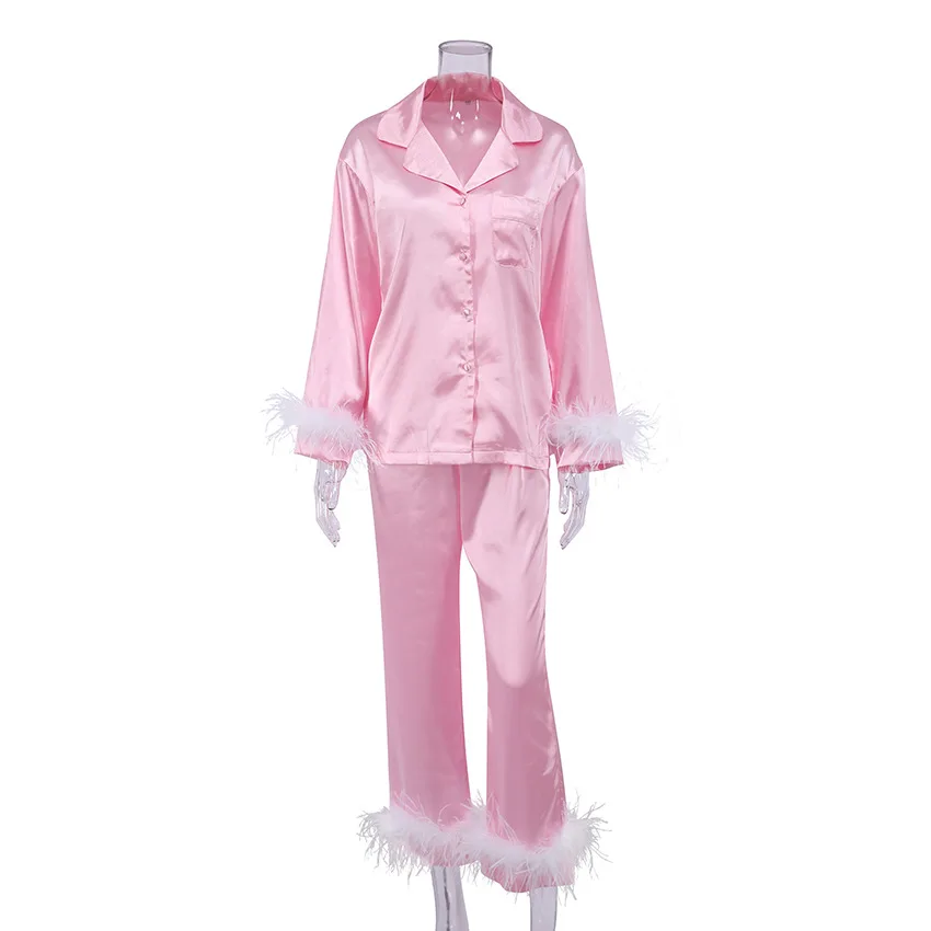 Spring New Silky Pajamas-sleeved Trousers Sleepwear Sexy Ladies Ostrich Feather Pajama Suit Women\'s Home Nightwear Loungewear