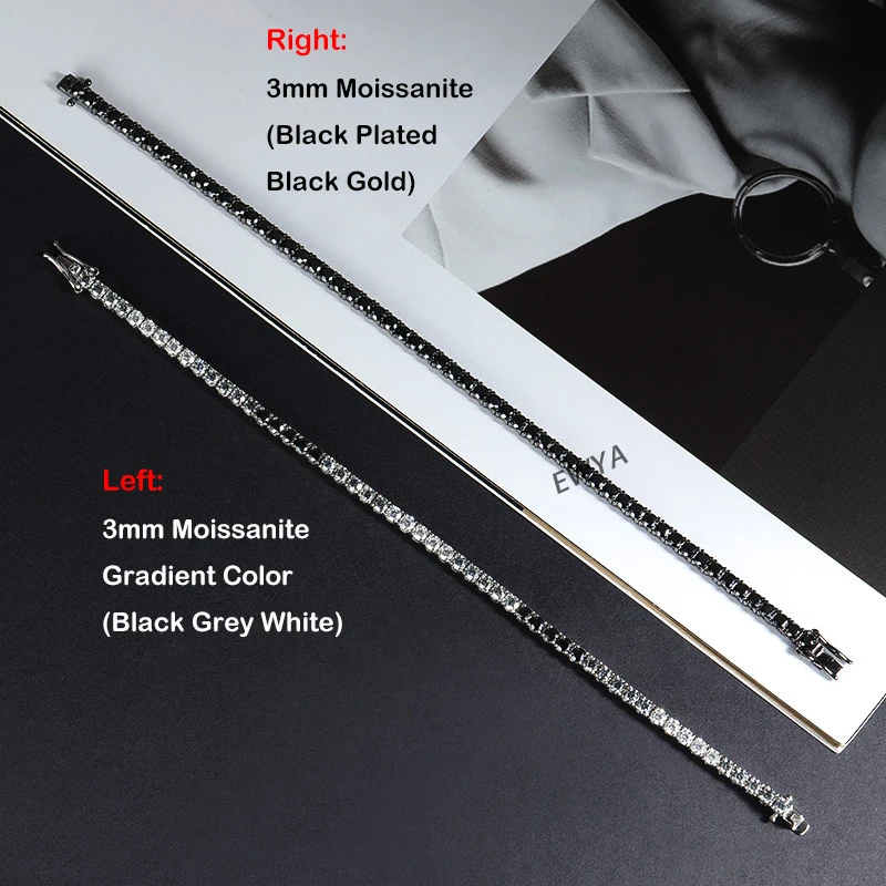 EWYA GRA Certified 3mm 0.1CT Gradient Color Black Grey White Moissanite Tennis Bracelet for Men Woman 925 Silver Link Bracelets