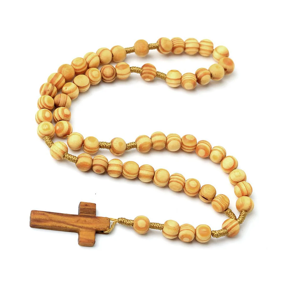 Religious Wooden Antique Cross Rosary Pendant Necklaces Beads Catholic Jesus Christ Rosary Necklace Men Women Jewelry