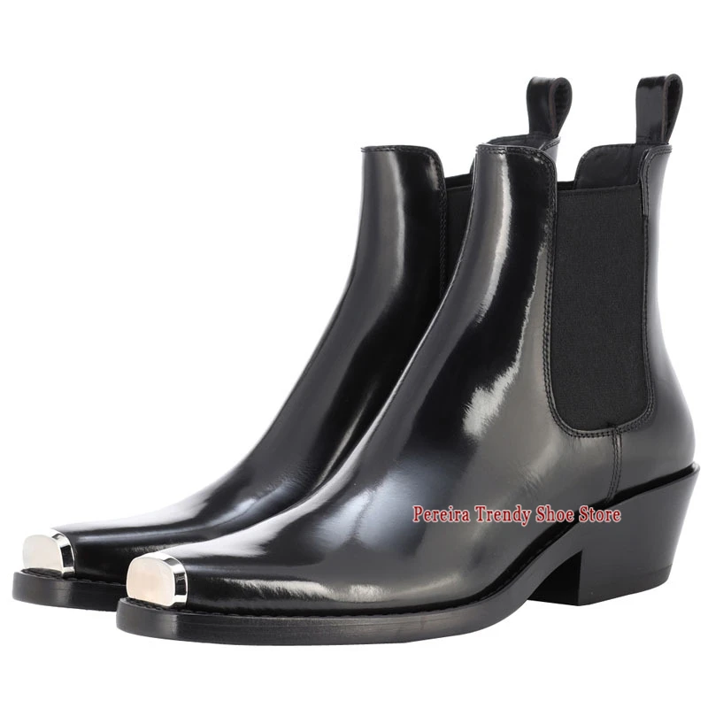Men's Iron Toe Genuine Leather Chelsea Boots British Style Cowhide Slip-On Short Boots Trend Party Banquet Business Dress Shoes