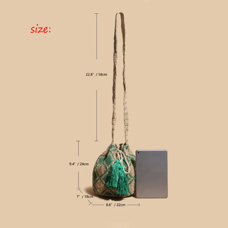 2023 Ins Small Bucket Shoulder Beach Ethnic Woven Rattan Straw Tassels Hand Bags for Women Vintage High Quality Crossbody Purses