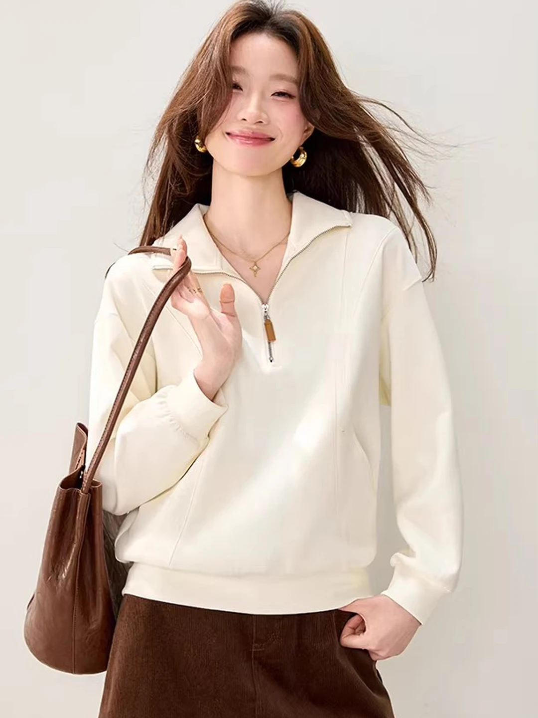 

Loose Casual Sle American f Zip Long Sve Women's T-irt Spring 2026 New Faion Sweatirt Versatile Top
