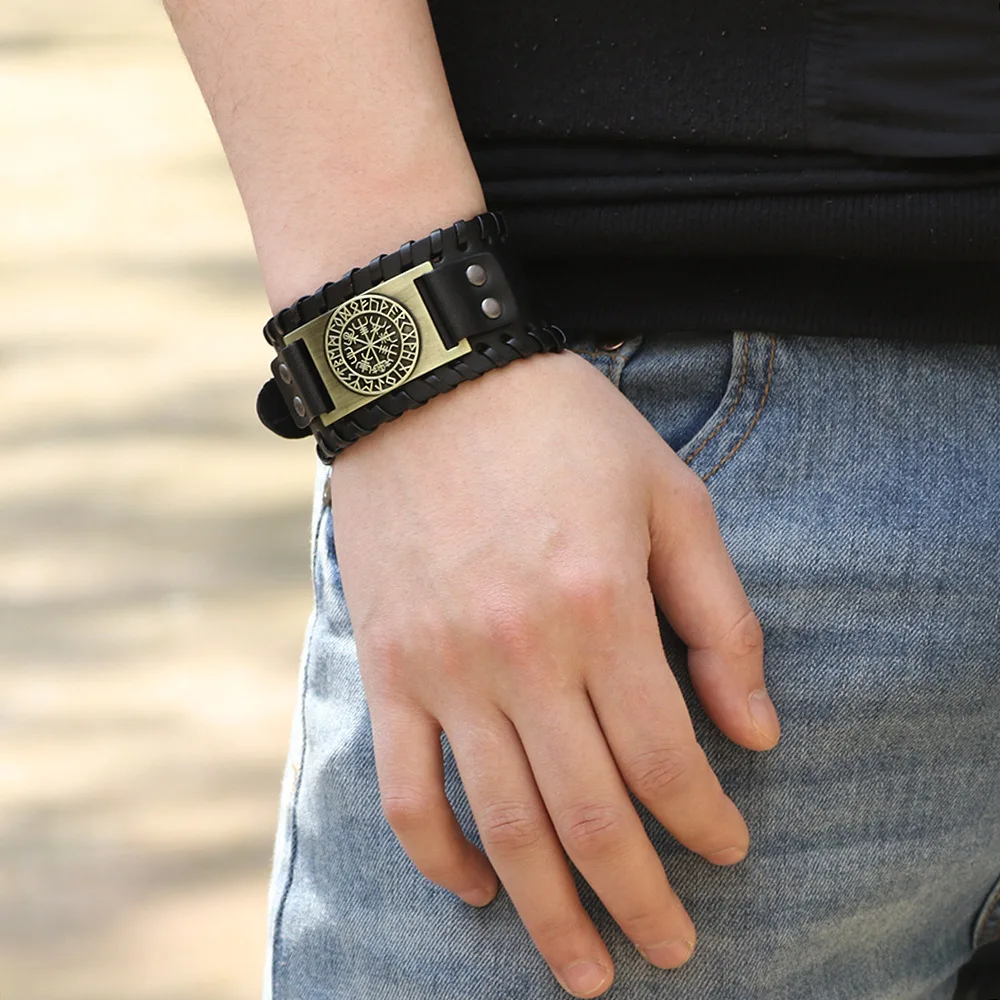 HNSP Viking Rune Leather Bracelet For Men Punk Street Style Jewelry Accessory