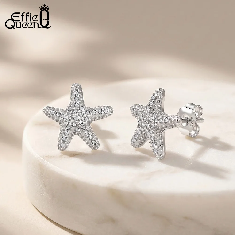 

Effie Queen 925 Sterling Silver Fashion Inlaid Zircon Starfish Earrings Cute Star Earrings Stud Ocean Party Jewelry Gift APE154