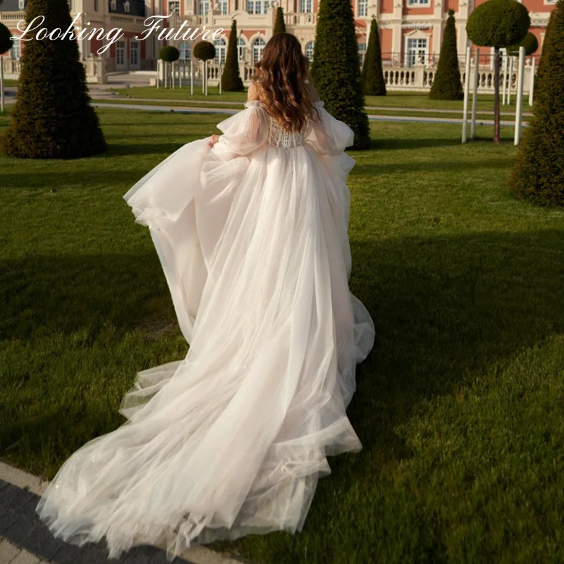 Robes de mariée A-ligne en tulle à manches longues bouffantes, robes de princesse blanches, élégantes, hors de l'initiative, soirée Boho, plage, Rhde mariage, peu importe