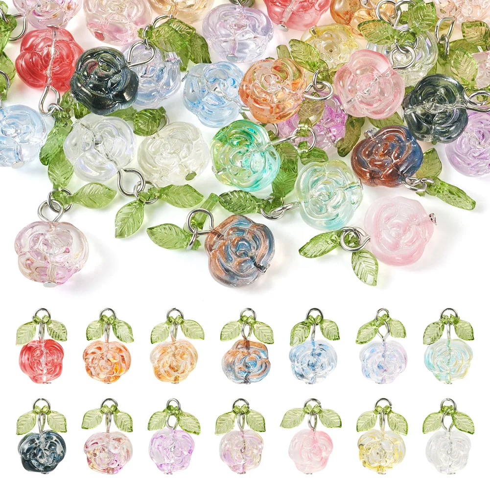 

28Pcs Colorful Glass Flower with Leaf Charms Pendants for DIY Bracelets Necklaces Earrings Jewelry Making Accessories