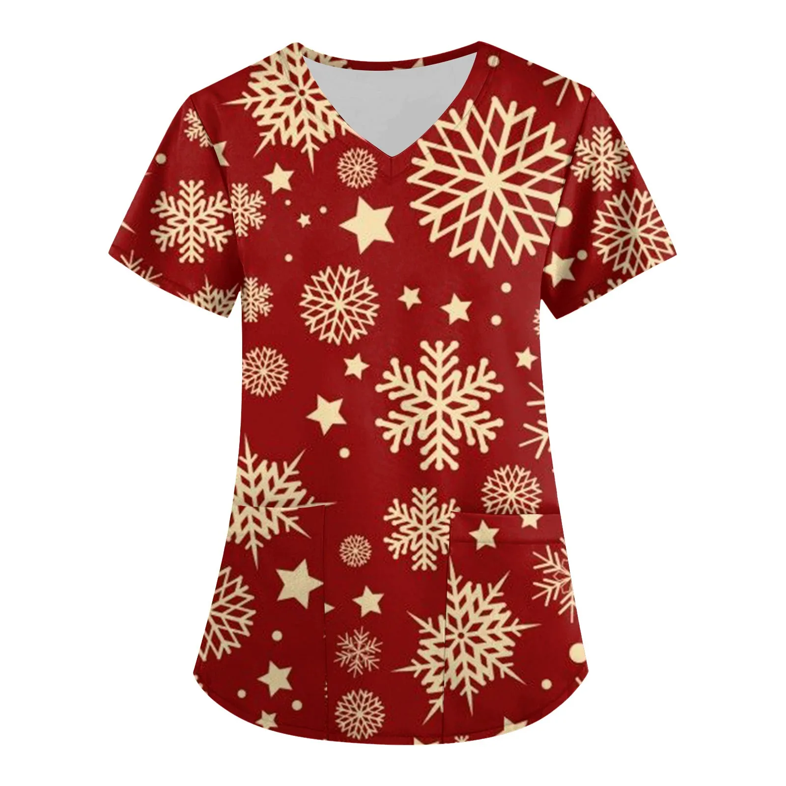 Plus Size Tops Christmas V-neck Pocket Nursing Scrubs T-shirt Scrubs Uniforms Women Clothing Short Sleeve Santa Claus Tops Xmas