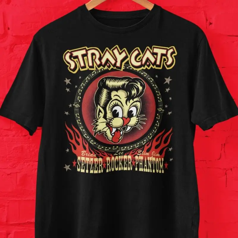 

Vtg Stray Cats Band Heavy Cotton Black All Size T Shirt For Men