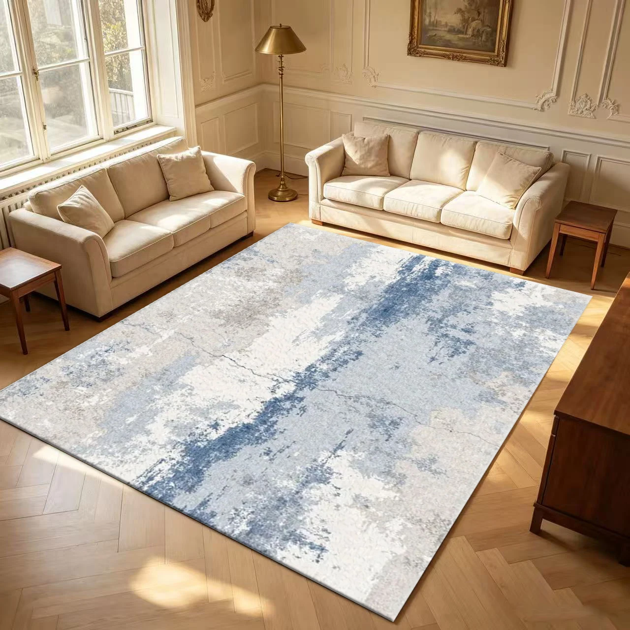 Blue Grey Cracked Distressed Abstract Carpet Flooring Vintage Watercolor Large Area Rug for Living Room Bedroom