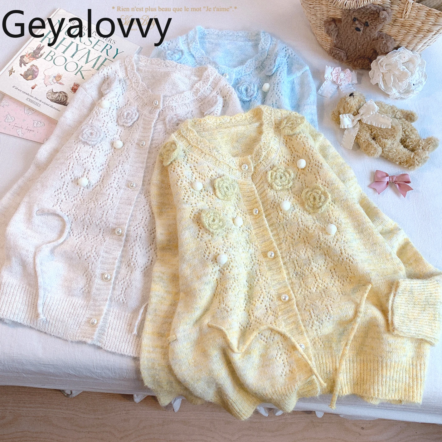 Sweet Cute Retro Style Loose Sweaters Tops for Women Autumn Winter Lace-Up Knitted Cardigan  Casual Crew Neck Knit Sweater