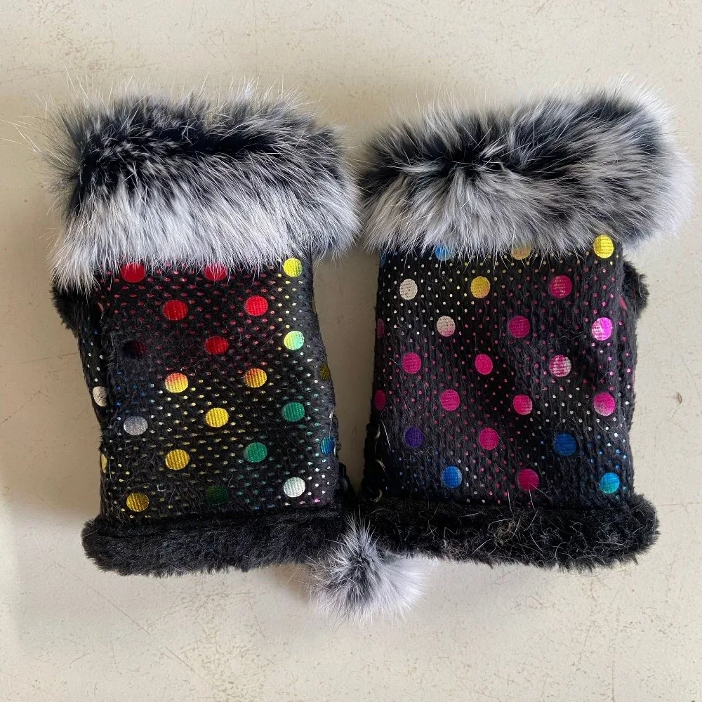 Faux Rabbit Hair Suede Leopard Print Gloves Plush Thicken Warm Fingerless Mittens Soft Stretch Windproof Wrist Warmers Women