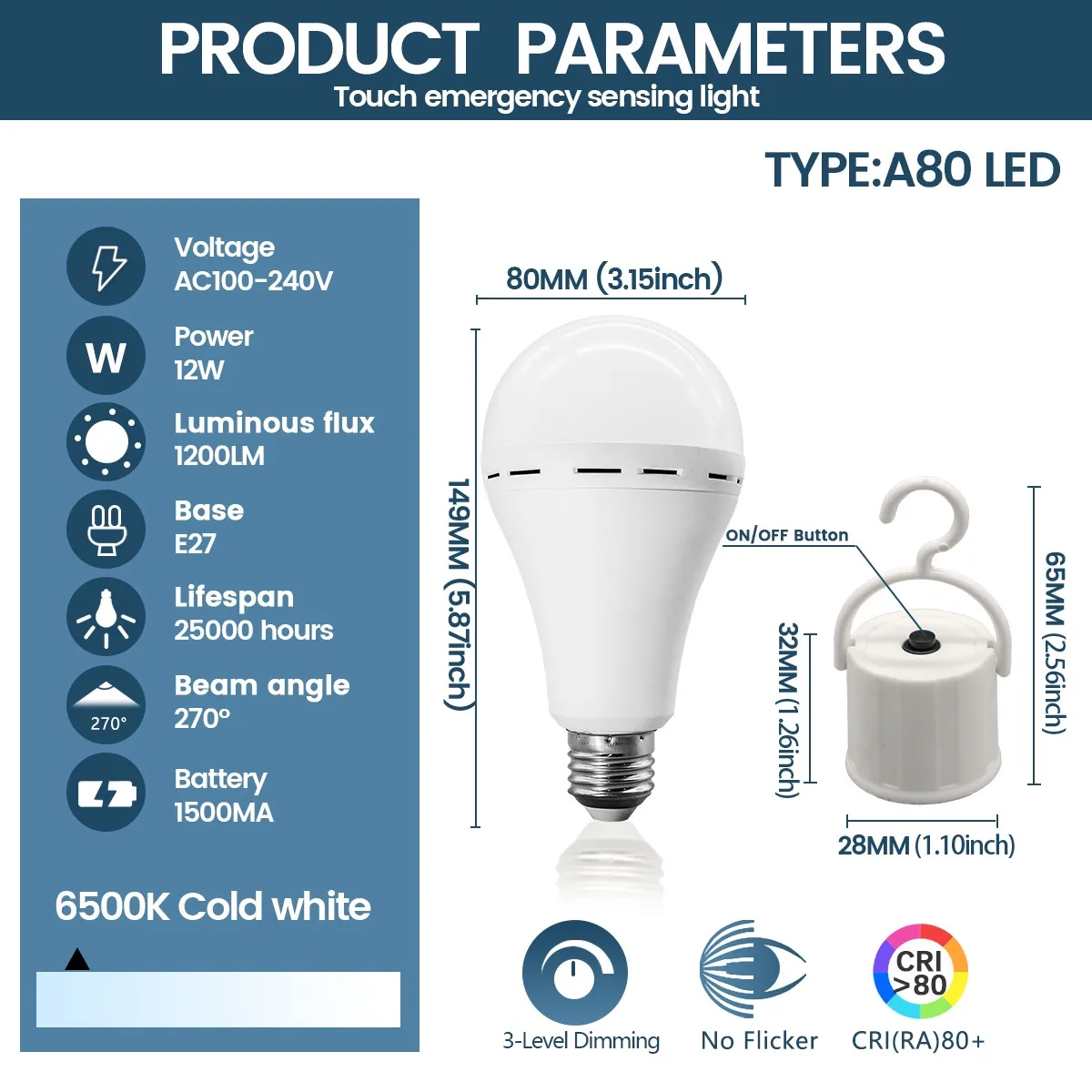1-10PCS A80 12W LED Rechargeable Bulb White Light 100V 1500mAh Emergency Bulb for Home Outdoor Camping Failure Porch Garden Lamp