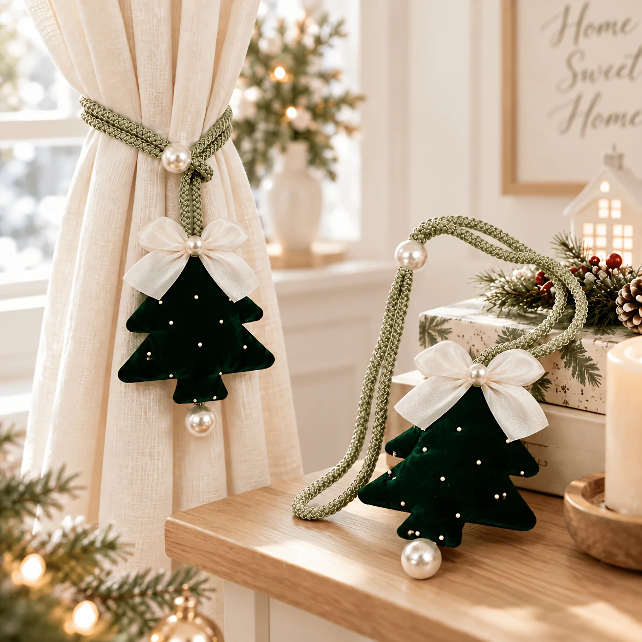 2-Pack Christmas Tree Curtain Tiebacks, Green Braided Rope Curtain Fasteners, Pearl Bow Decorative Curtain Tiebacks, Holiday Home Window Decorations, Suitable for Living Room and Bedroom Curtain Arrangements