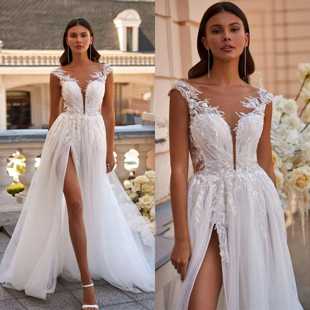 Vestido de novia de Organza blanco personalizado de alta calidad, vestidos de novia románticos sexis con cuello en V y tirantes finos sin espalda para fiesta nupcial