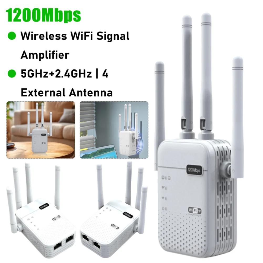 

R08-1200M WiFi Repeater 4 External Antennas Enhancer 5GHz & 2.4GHz Dual-Band Wireless Signal Range Extender Booster For Home