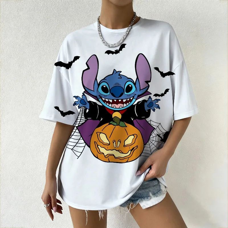 여성용 디즈니 스티치 할로윈 그래픽 티셔츠, 미국 트렌디 스트리트웨어, 무서운 '부!' 소리 포함 여름 패션 탑 Y2k 프린트