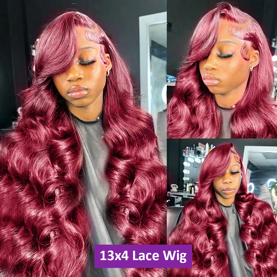 Perruque Lace Front Wig Body Wave Naturelle, Cheveux Humains, Couleur Rouge Bordeaux 99J, 13x4, 13x6 HD, Pre-Plucked, pour Femme, 30 Pouces