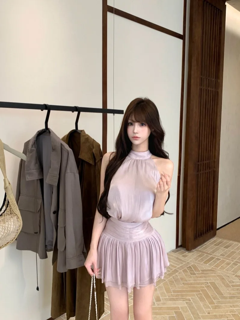 

Elegant Purple Pearl Knot Shoulder Bared Vest And A-Line Skirt Two-Piece Set for Women Summer Slimming Fashion
