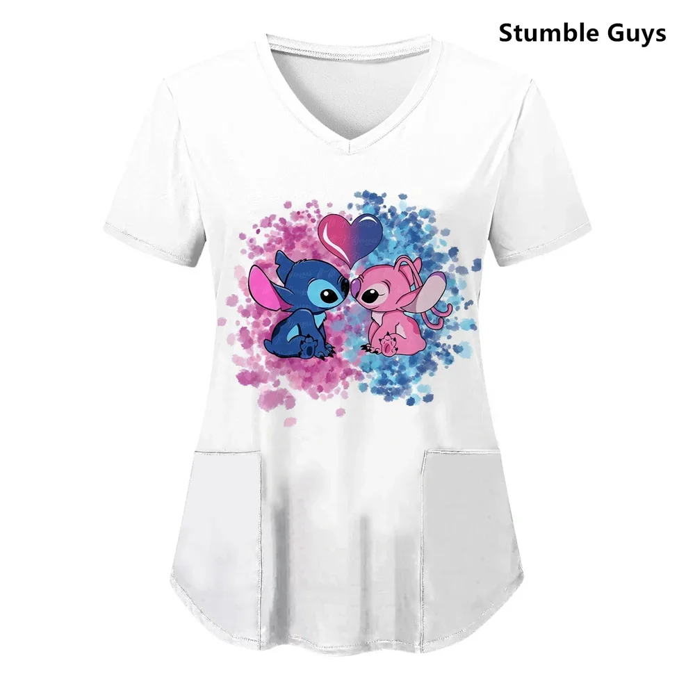 Stitch Print Hospital Nursing Surgery Scrubs Tops Women Minnie Mouse T-shirt Dental Clinic Work Uniforms Blouse Doctor Clothes