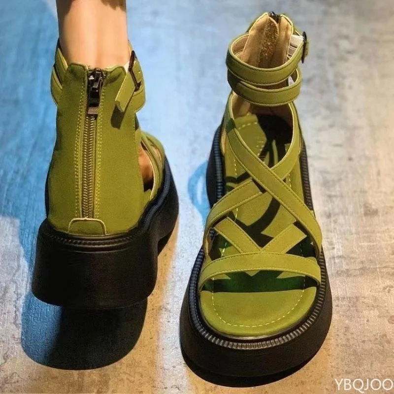 Fashionable Thick Bottom Sponge Cake Bottom Sandals for Women's Summer Style Versatile Hollow Cross Fine Strap Zipper Sandals