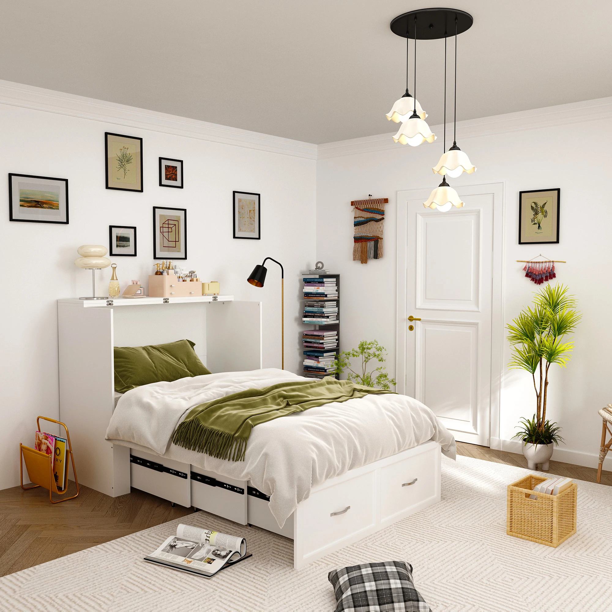 سرير FUFU&GAGA Murphy مع أدراج تخزين، خزانة سرير قابلة للطي 2 في 1 مع شريط طاقة مدمج لغرفة النوم وغرفة الضيوف، أبيض