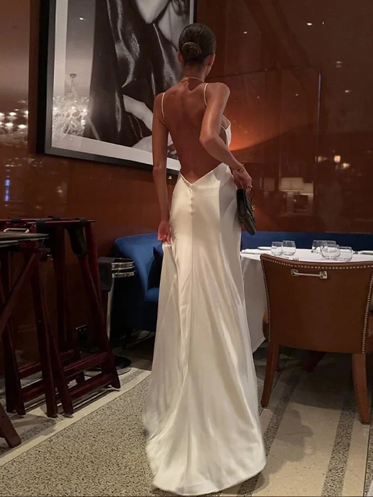 Sexy Backless Slim Women's Dresses Solid Satin Sleeveless V-neck Side Split Long Female Robe 2026 Summer Fashion Evening Dress