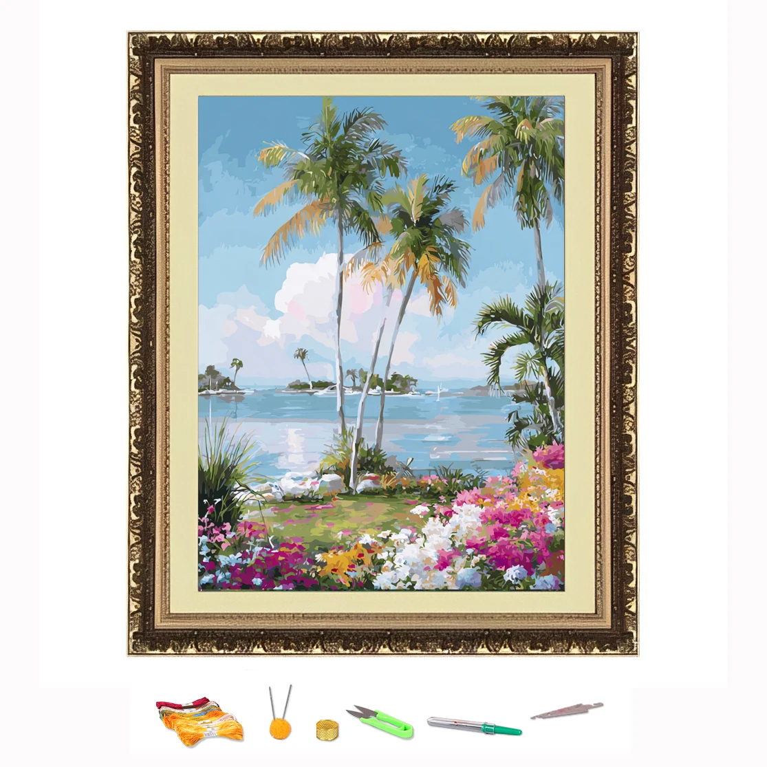 

Вышивка крестиком, пейзаж кокосовых пальмов и цветов на море, набор для рукоделия «сделай сам», украшение, напечатанный на холсте 11CT
