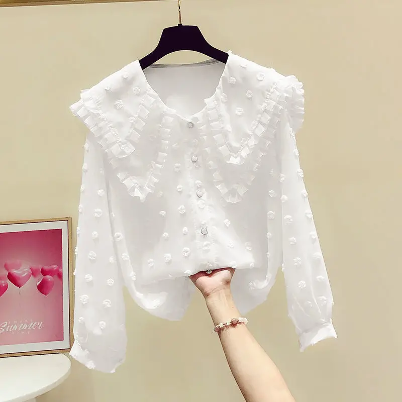 Korean Women Sweet Kawaii Ruffled Peter Pan Collar Solid Chiffon Shirt Fashion Casual Loose Long Sleeve Blouse Top Female Blusas