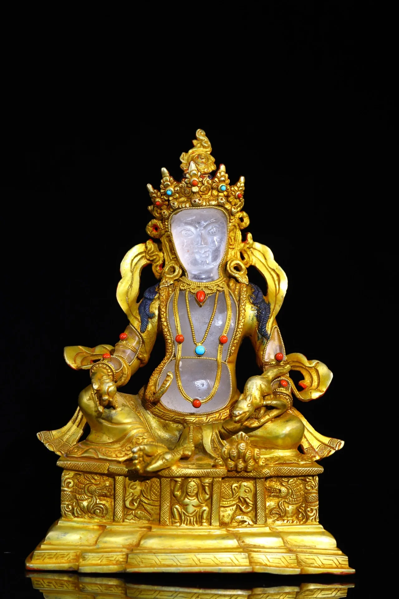 

9"Tibetan Temple Collection Old Natural Crystal Mosaic Gem Yellow Jambhala Buddha Buddha Platform Worship Hall Town house