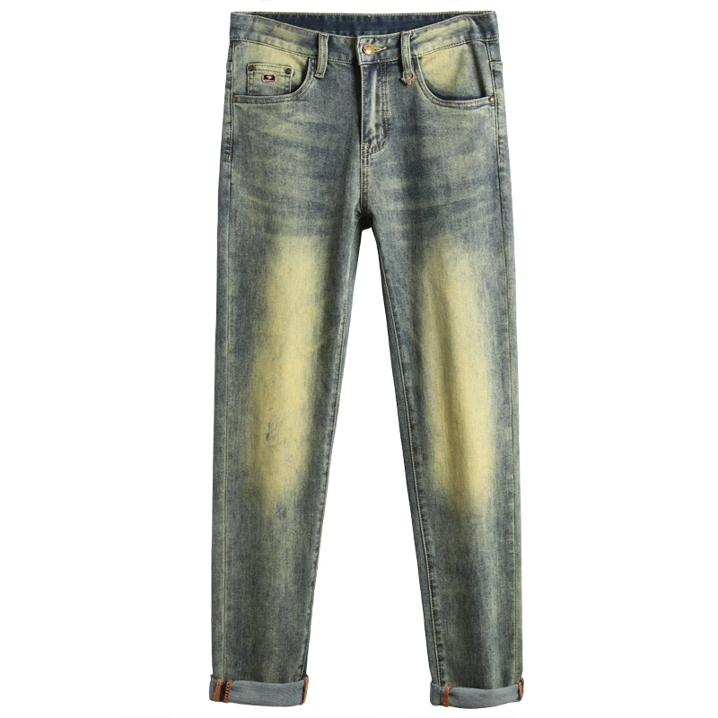 Retro Yellow mud color light luxury jeans men's fashion printed all-matching simple classic slim fit skinny trendy casual pants