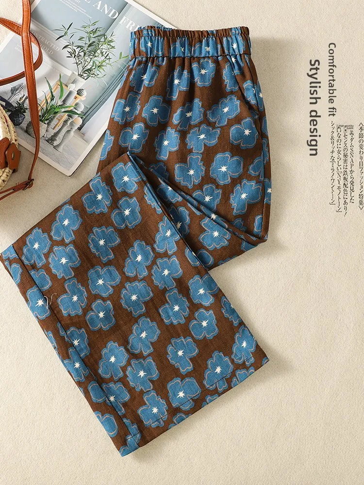 Slimming Blue Floral Cotton Linen Casual Pants Loose Fit Versatile High Waist Wide Leg Pants for Women in Autumn Season