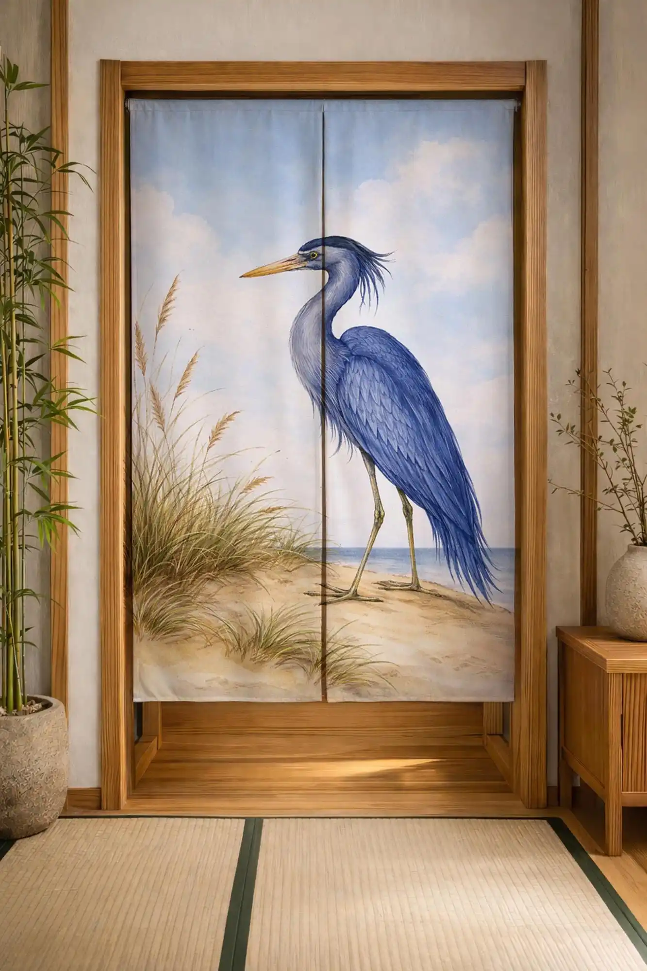 Large Blue Heron Tropical Beach Scene Decorative Room Curtain Indoor Outdoor Style Screen Divider