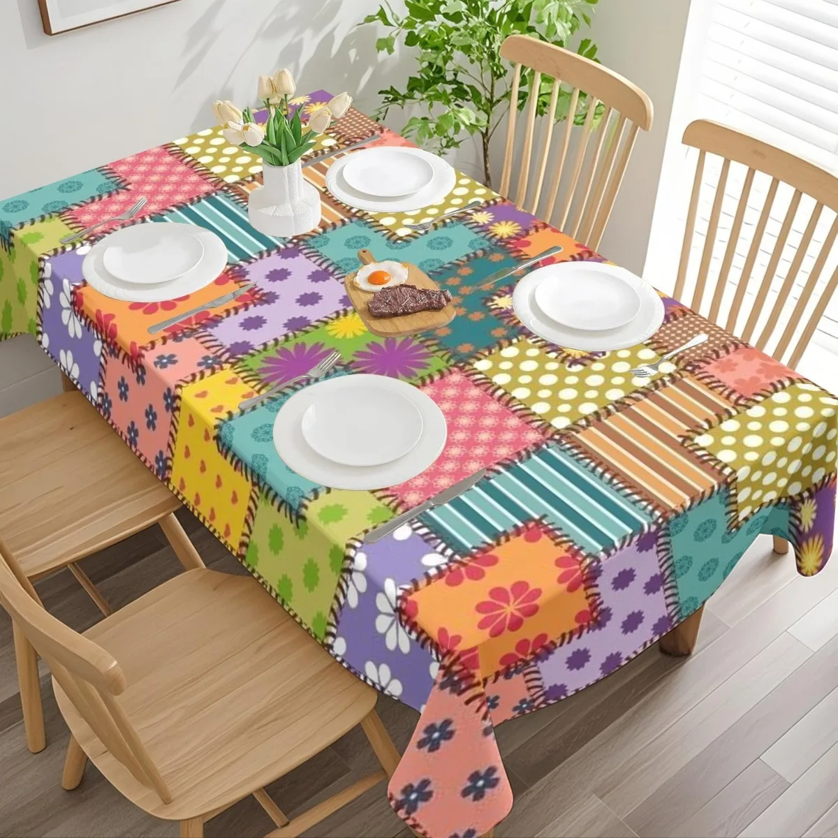 Rectangular multi-color patchwork tablecloth, polyester rectangular tablecloth, perfect holiday home decoration item