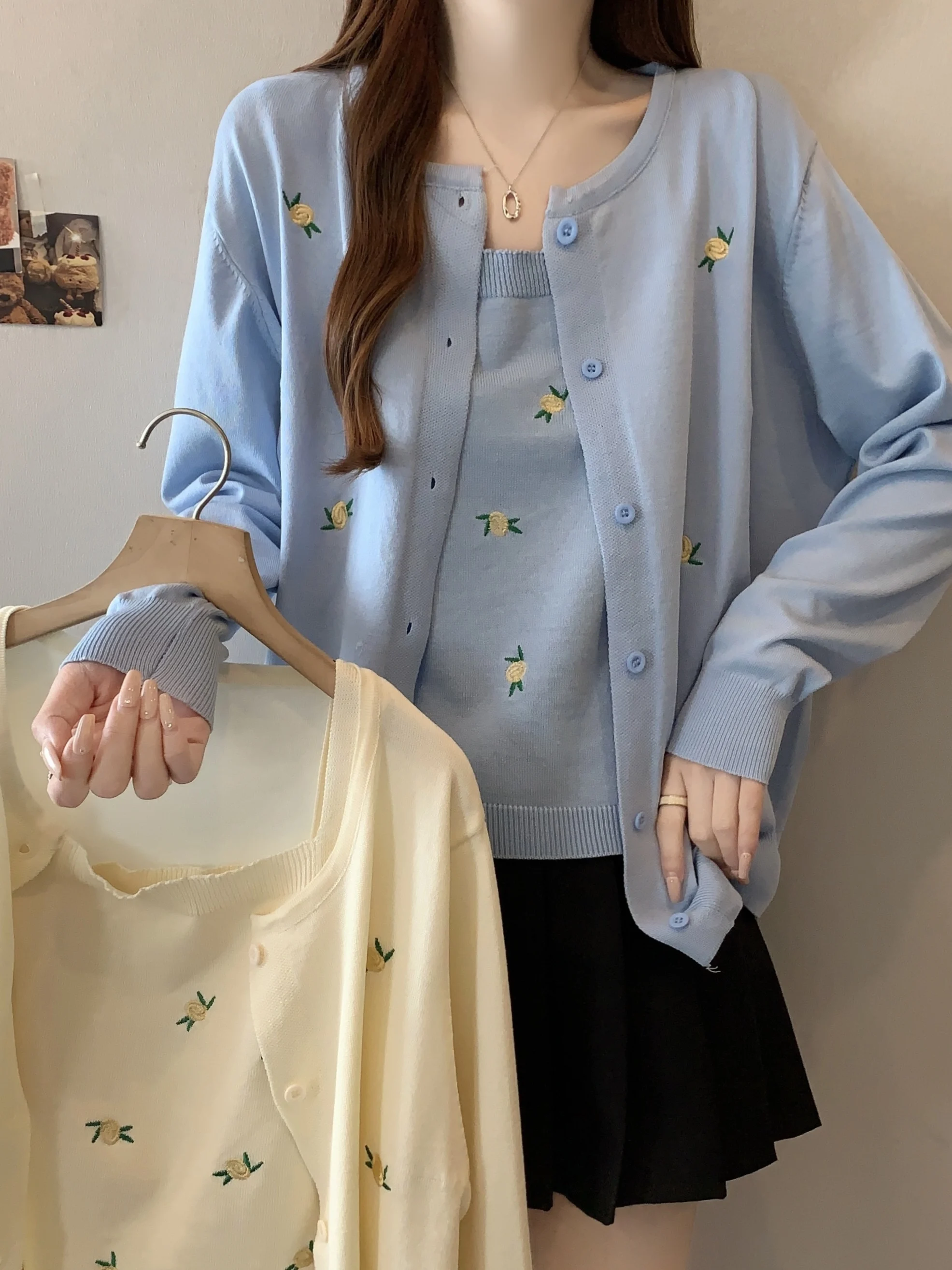 

plus Size Women's Gentle Style Embroidered Crop Top And Cardigan Spring New Design Sensation Long Sleeve Set Korean Version