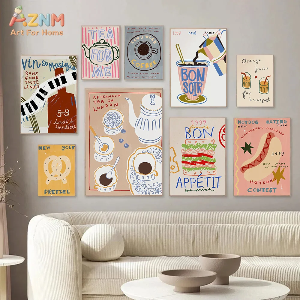 AZNM Retro European Food Drink Canvas Wall Art Coffee Tea Hot Dog Pretzel Hand Drawn Poster Kitchen Dining Room Aesthetic Decor