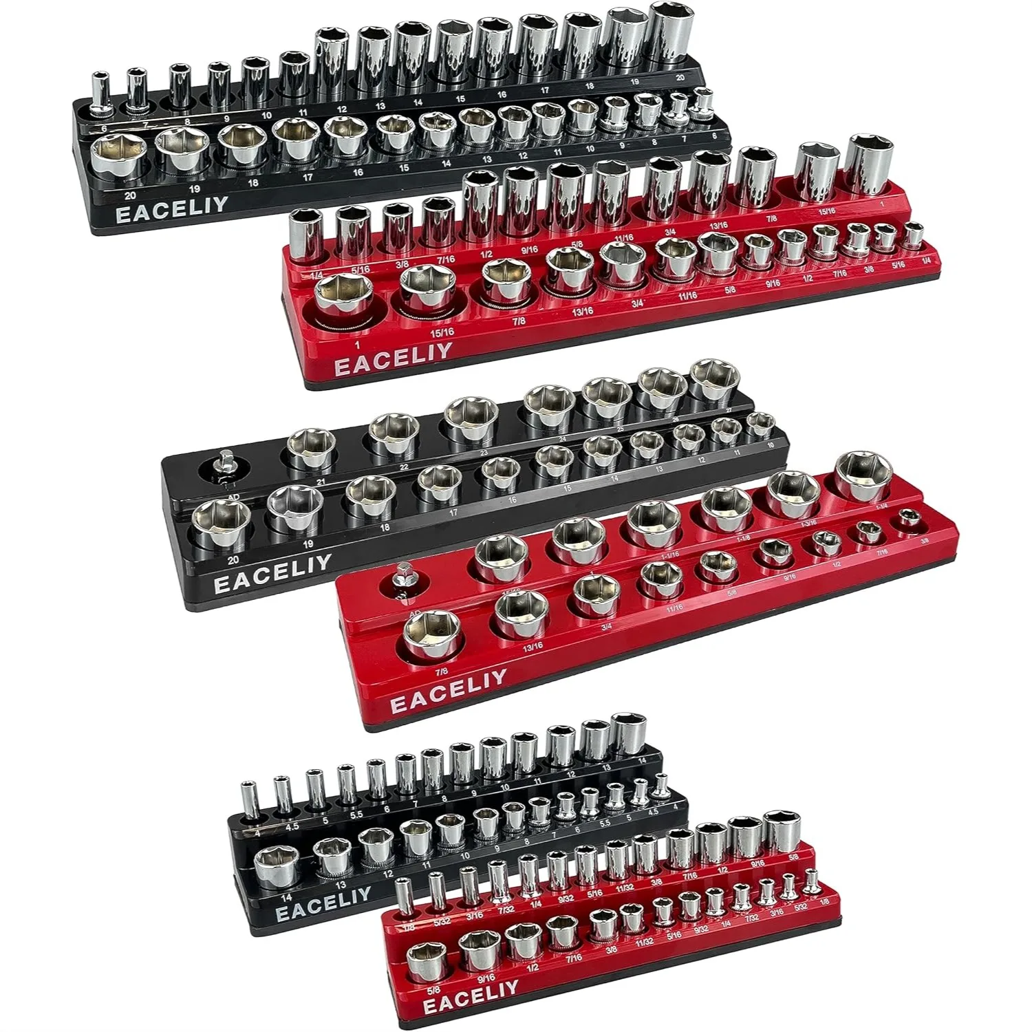 

6-Piece Magnetic Socket Organizer Set, 1/2", 1/4", 3/8" SAE & Metric Deep & Shallow Holder for 141 Sockets