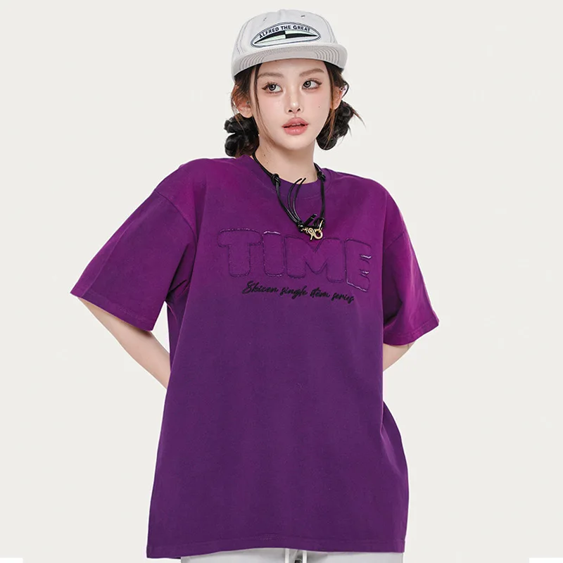 Summer New Fashion Fashion Brand Hip Hop Gradient Short Sleeve T-shirt Men's Letter Patch Embroidery Loose Couple Top