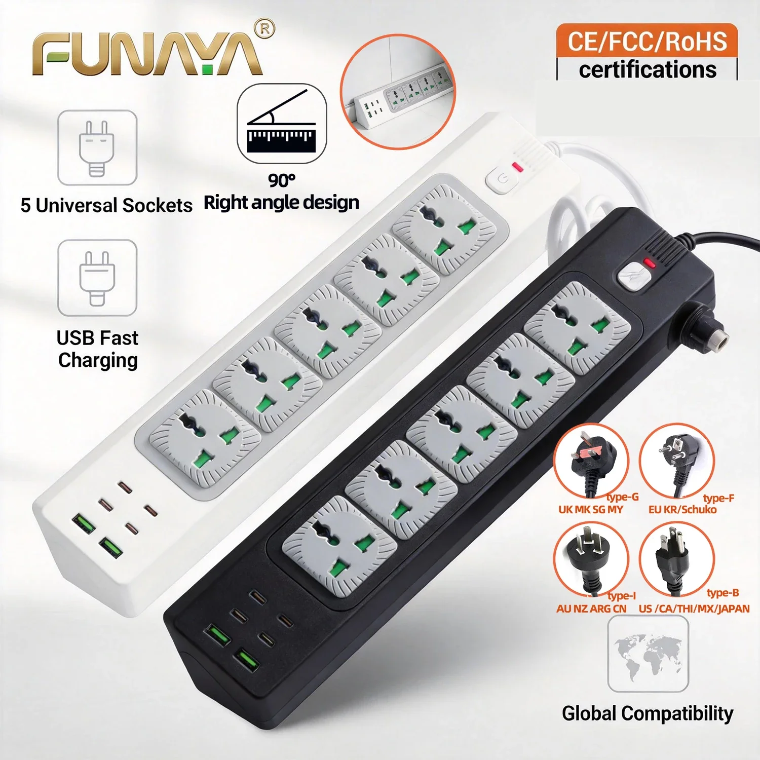 FUNAYA Universal Power Strip Extension Electric 90° Corner Right Angle Outlet Socket EU US AU UK Multi Plug with USBA C Overload
