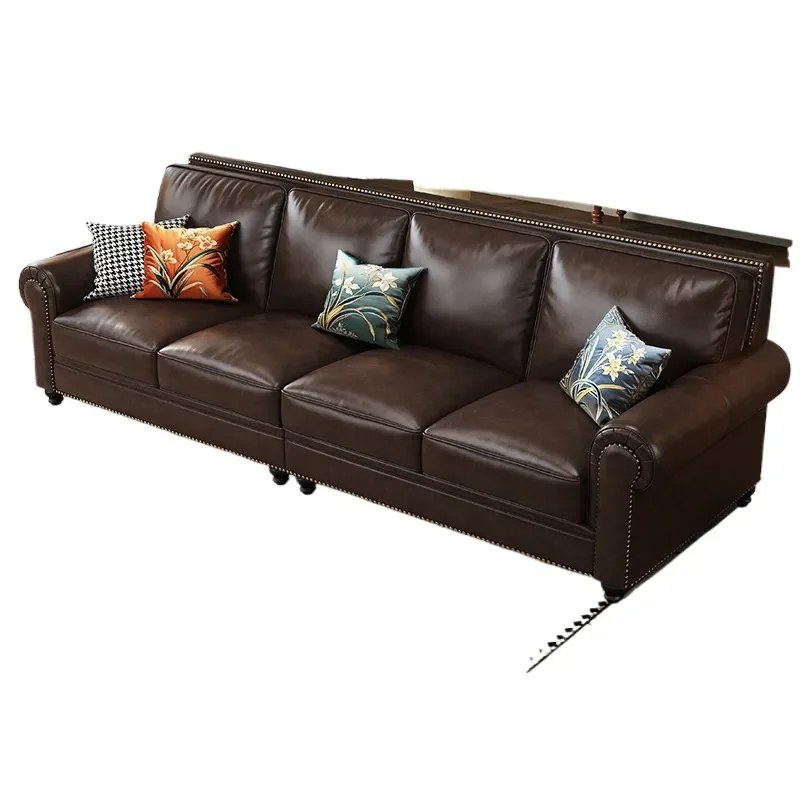 Barton American Style Oil Wax First Layer Cowhide Leather Sofa 2.8m Retro Villa Living Room Four Seater Couch