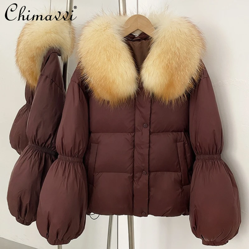 

Французский элегантный модный воротник из лисьего меха, белый утиный пуховик, свободное повседневное толстое теплое короткое пальто с рукавами-фонариками для женщин, зима