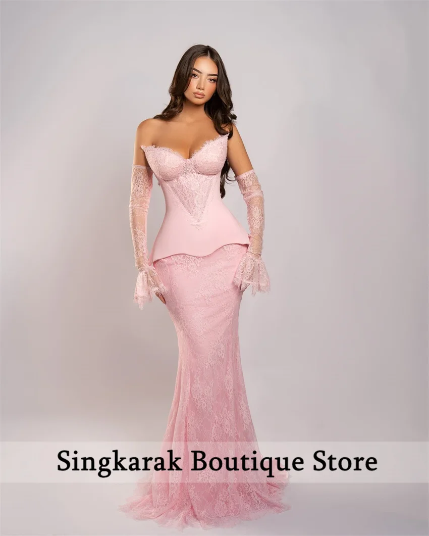 Elegante vestido de noite de renda rosa árabe saudita sem alças com luvas novo espartilho vestido de baile فساتmaverapersonalizado 2026