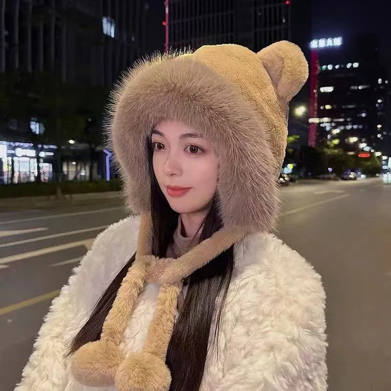 

2023 Winter Rabbit Fur Womans Hats Unisex Knitted Hooded Neck Collar Adjustable Elastic Balaclava Cap Warm Gorros Mujer Invierno